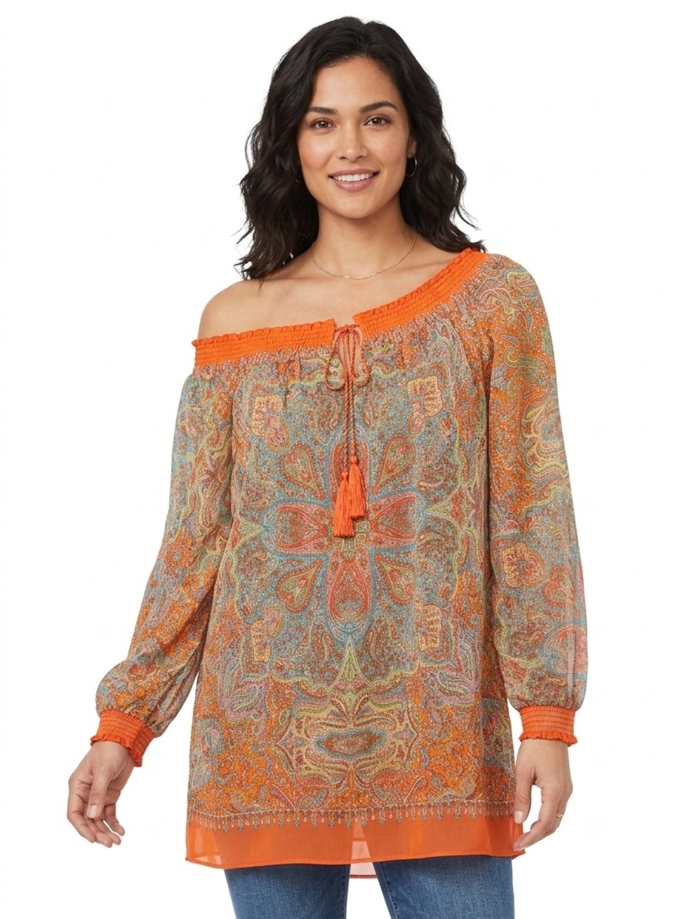 Sundance Silk Chiffon Paisley Tunic Top Off Shoulder Smocked Large
